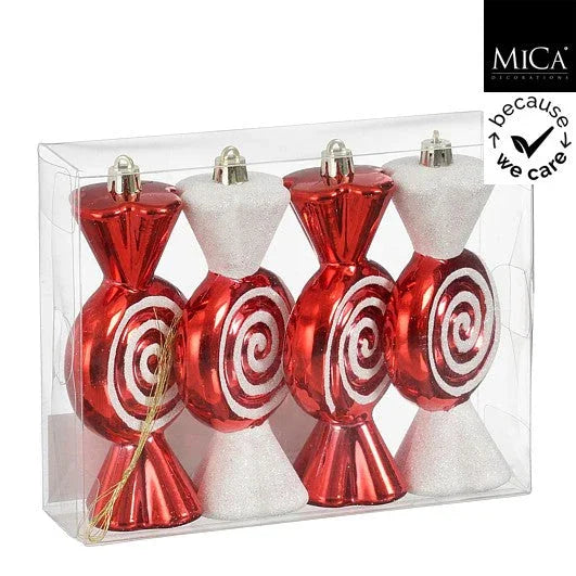 Sett med 4 juletrepynt - sukkertøy - candy cane mønster - Juletrepynt.no