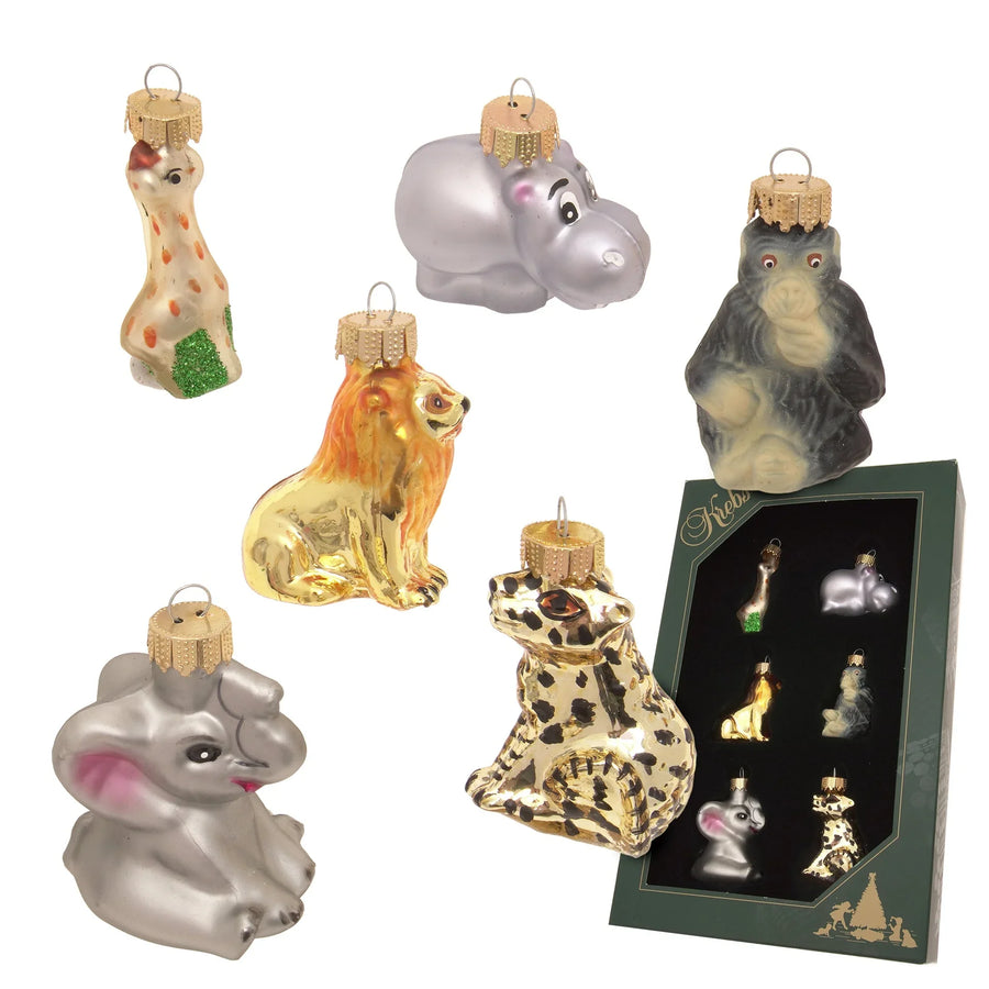 Sett med juletrepynt - Zoo - 6 ulike dyr fra jungelen - Juletrepynt.no
