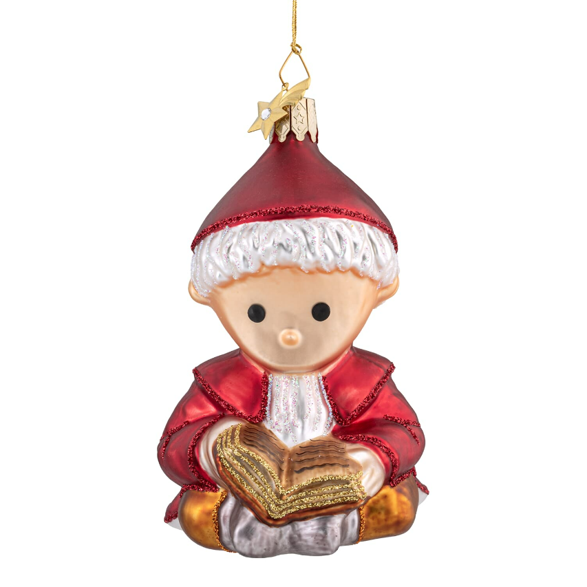 Jon Blund juletrepynt med bok – håndlaget glassornament, 10 cm