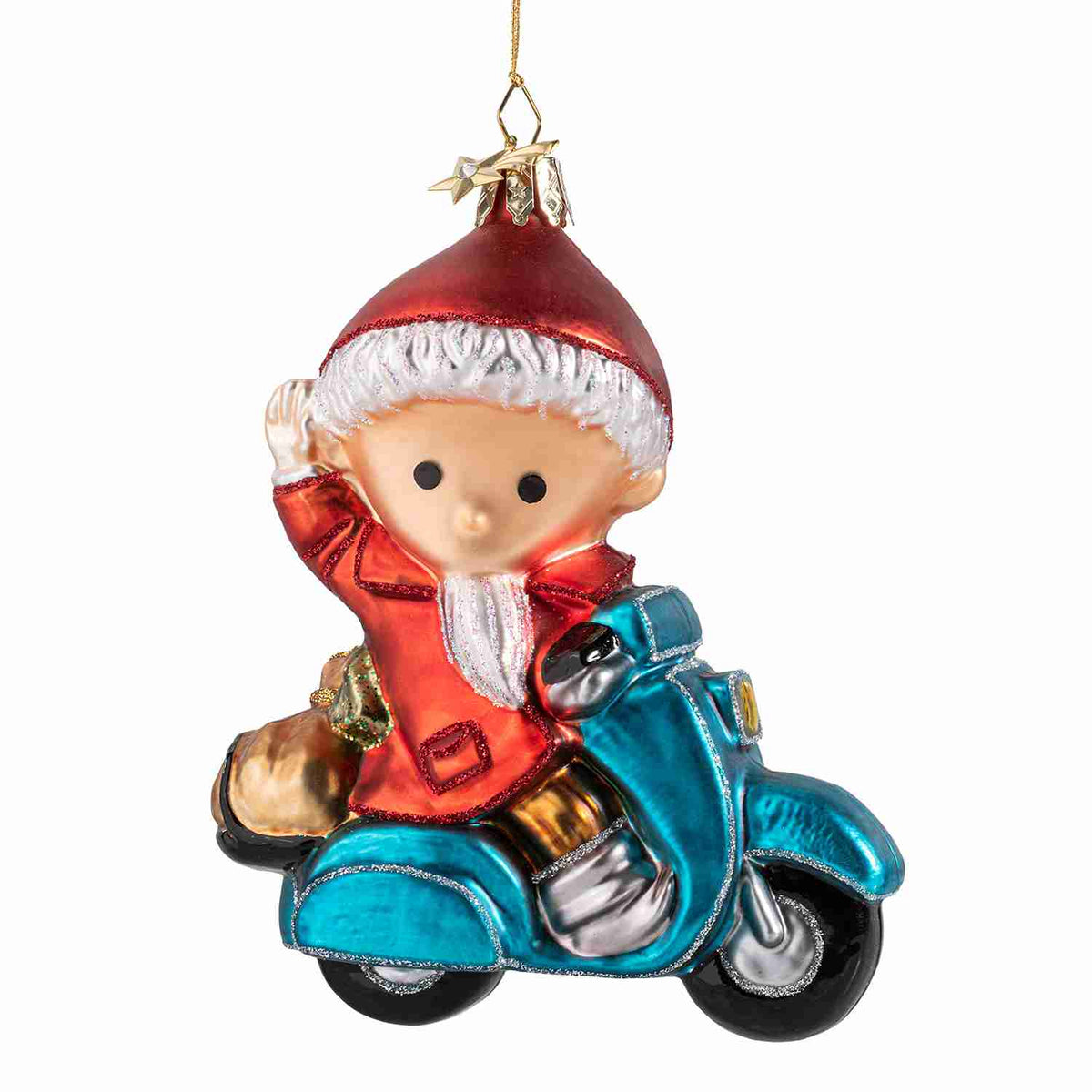 Jon Blund på blå scooter – håndlaget juletrepynt i glass, 12 cm