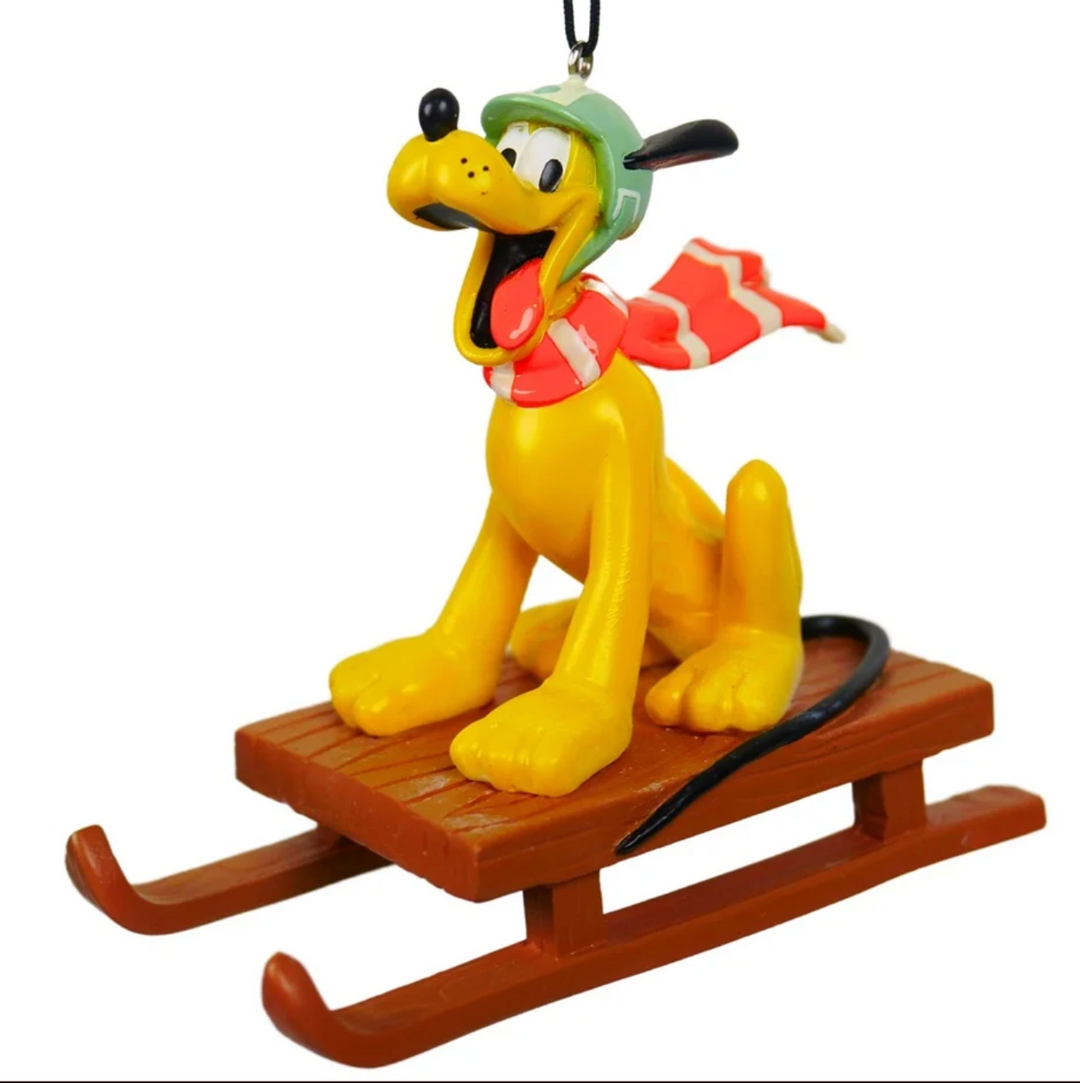 Pluto på slede. Julepynt retro. Disney