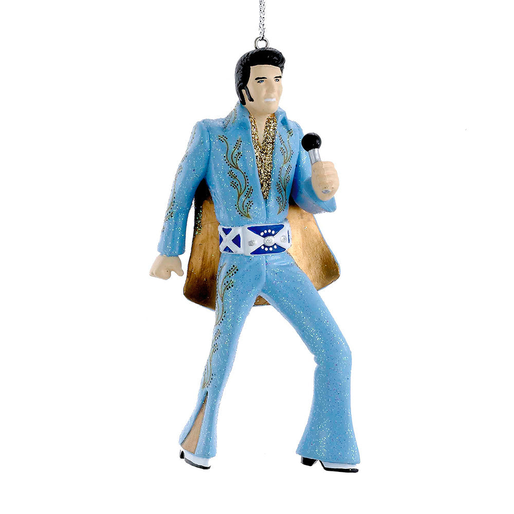 Elvis i lysblå dress med mikrofon - juletrepynt