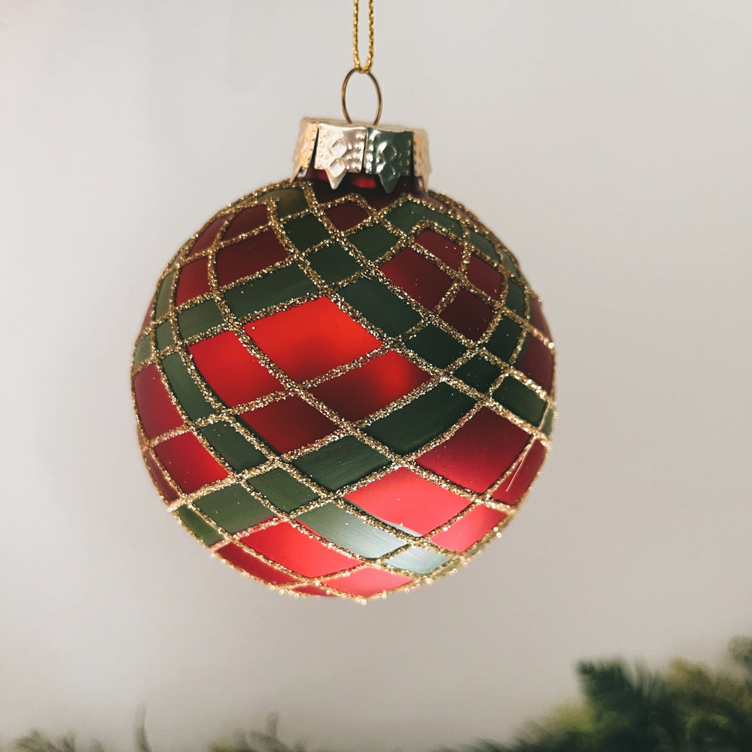 julekuler Glass red ball w/green & gold st (8 cm)