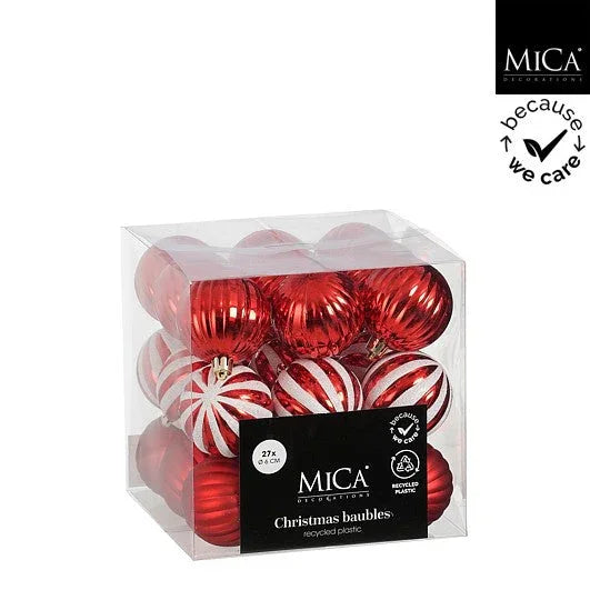 Sett 27 kuler - Julekuler rød og hvit - Juletrepynt.no