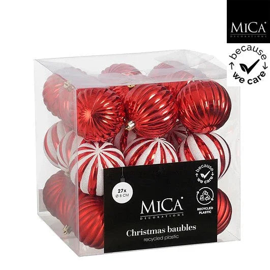 Sett 27 kuler - Julekuler rød og hvit - Juletrepynt.no