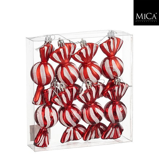 sukkertøy juletrepynt i candy cane mønster rødt og hvitt