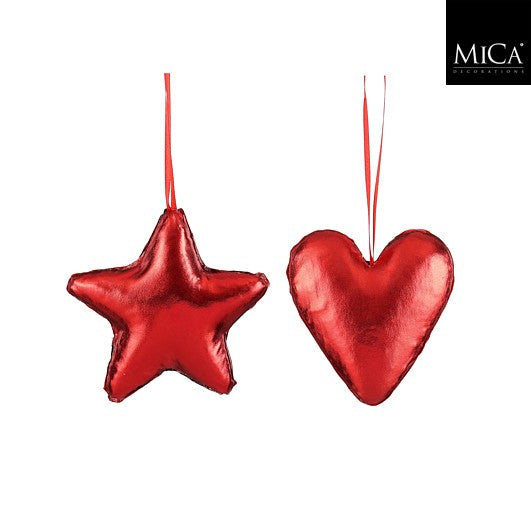 Sett med hjerte og stjerne - juletrepynt - gull eller rød
