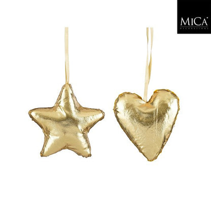 Sett med hjerte og stjerne - juletrepynt - gull eller rød