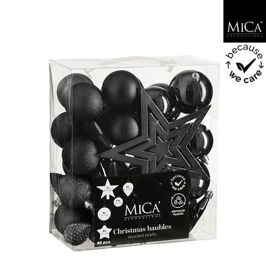 Sett med 40 deler juletrepynt svart - D: 8cm - 85% resirkulert - Juletrepynt.no