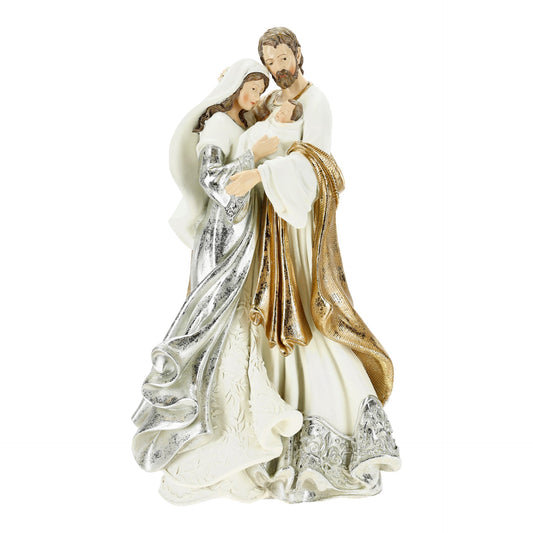 Josef, Maria og Jesus - stående julepynt i hvit og gull - Julelysbutikken.no