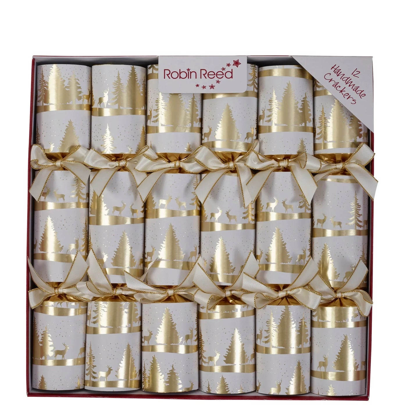 Smellbonbon i hvit og gull - 12 stk - reinsdyr- og juletredesign - Juletrepynt.no
