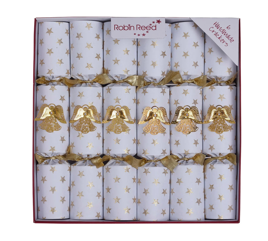 Cracker smellbonbon med gull engler. Hvit med gull engler