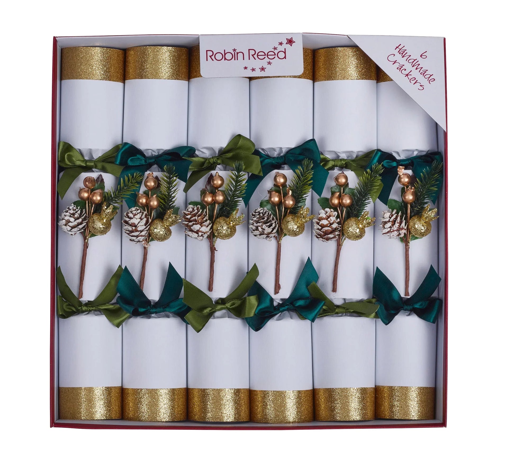 Hvit smellbonbon med gulldetaljer og grønn sløyfe - Juletrepynt.no