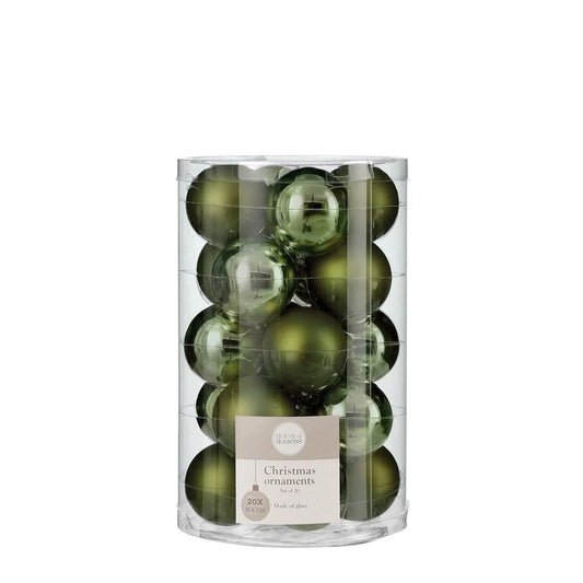 Sett med 20 stk julekuler i grønn - Dia: 4cm - glass - Juletrepynt.no
