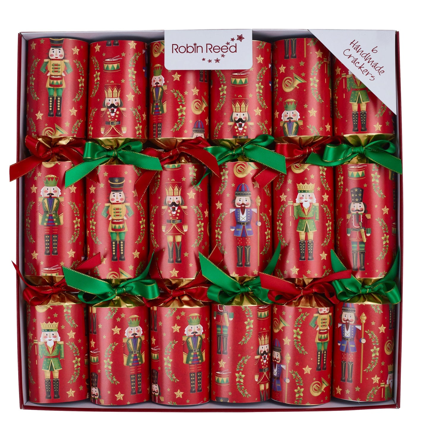 Røde store smellbonbon med røde og grønne sløyfer i 6-pakning. 35 cm høye. Nøtteknekker motiv. Elegante