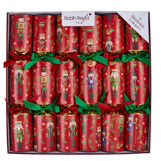 Røde store smellbonbon med røde og grønne sløyfer i 6-pakning. 35 cm høye. Nøtteknekker motiv. Elegante