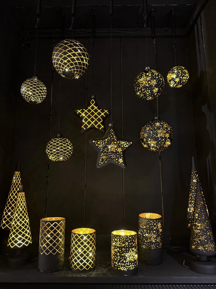 Elegant dekorstjerne - svart og gull med LED lys - Juletrepynt.no
