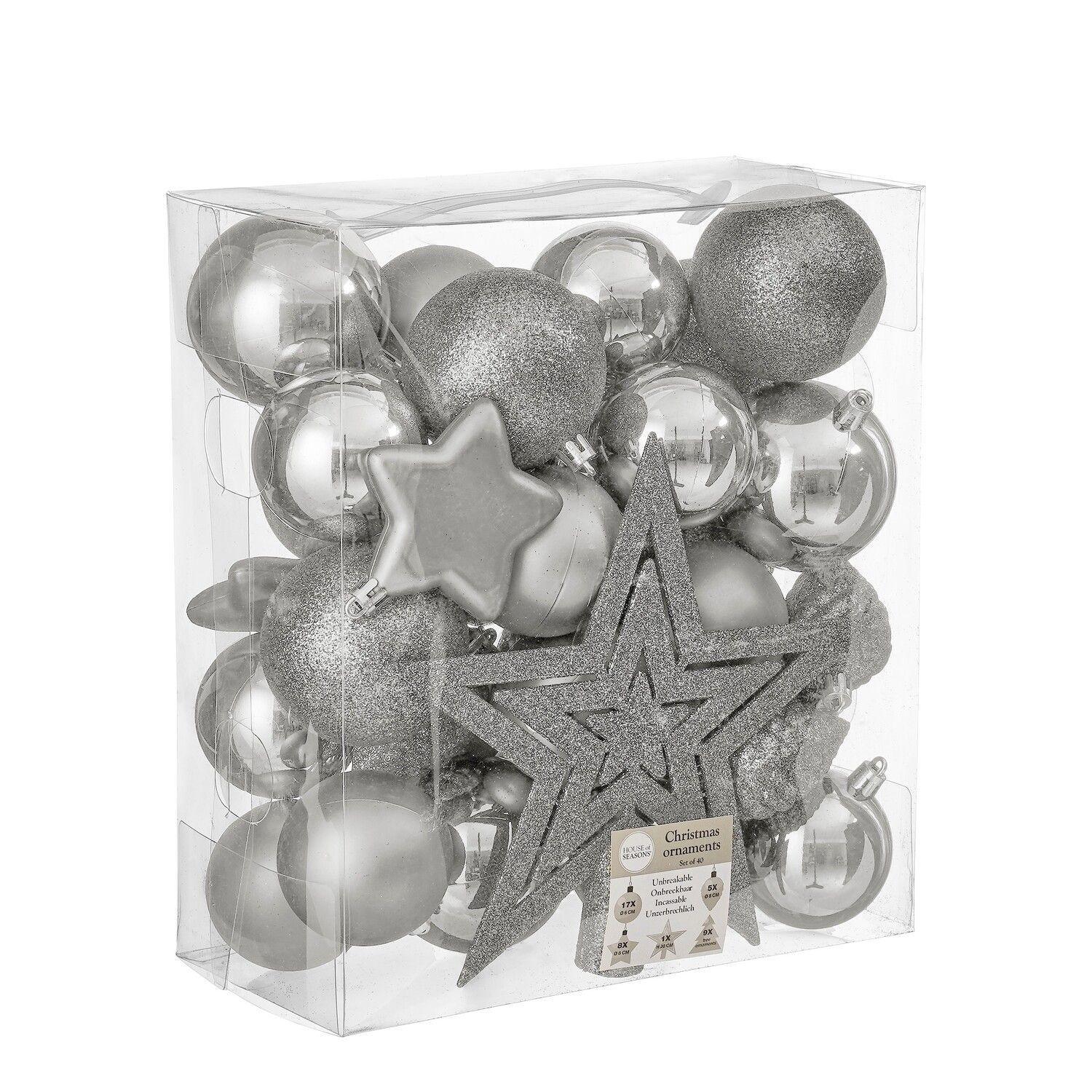 Sett med 40 deler juletrepynt sølv - D: 8cm - 85% resirkulert - Juletrepynt.no