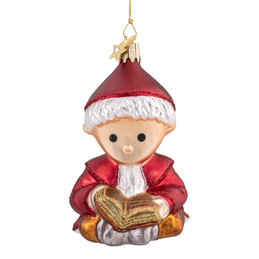 Jon Blund juletrepynt med bok – håndlaget glassornament, 10 cm
