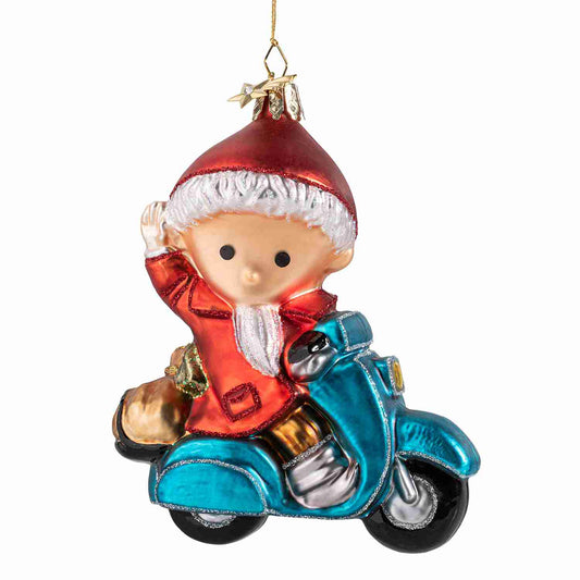 Jon Blund på blå scooter – håndlaget juletrepynt i glass, 12 cm
