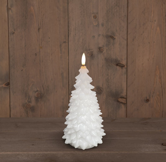 Juletre - hvitt vokslys med LED-flamme - 9.5x20cm med timer - Julelysbutikken.no