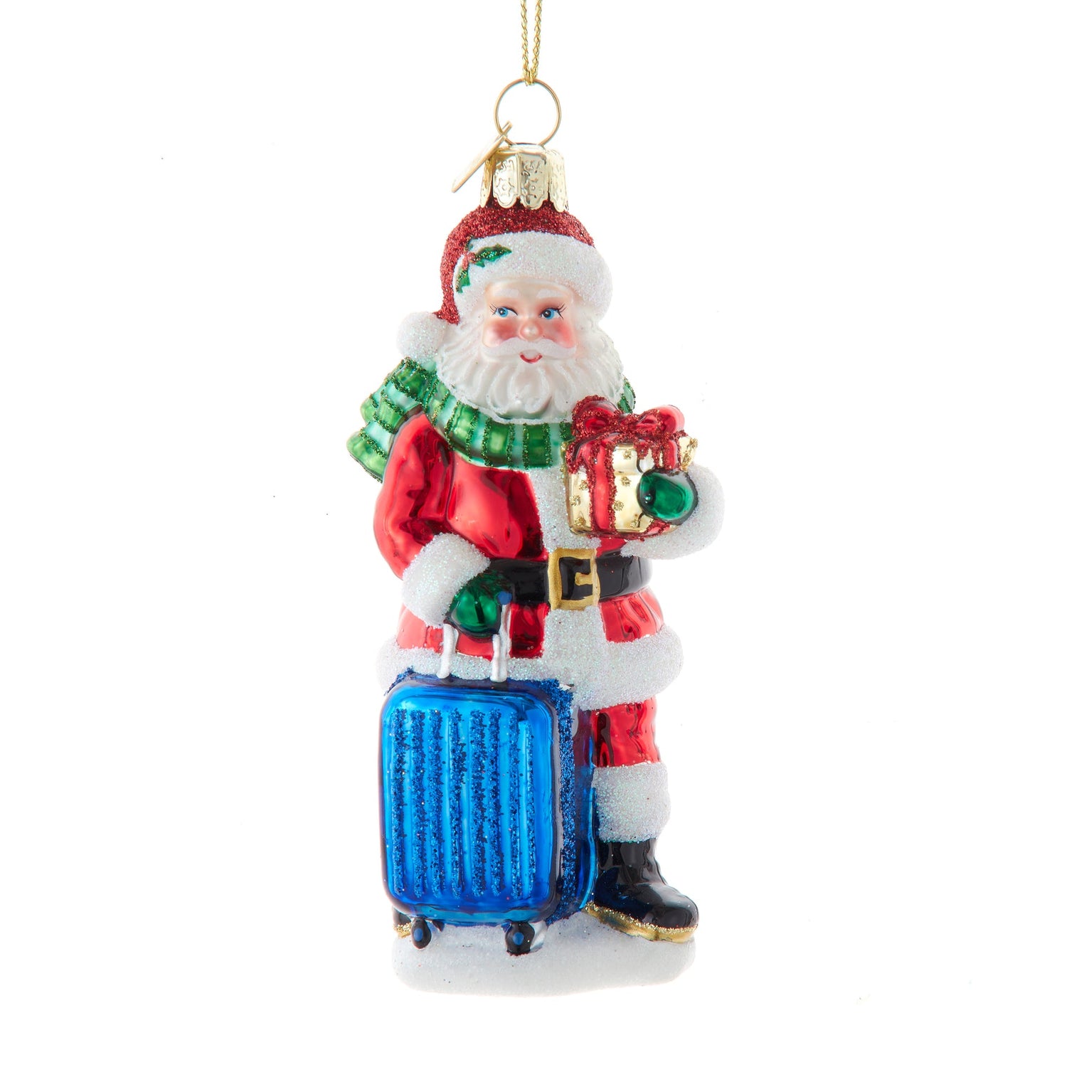 Julenissen med koffert julepynt i glass
