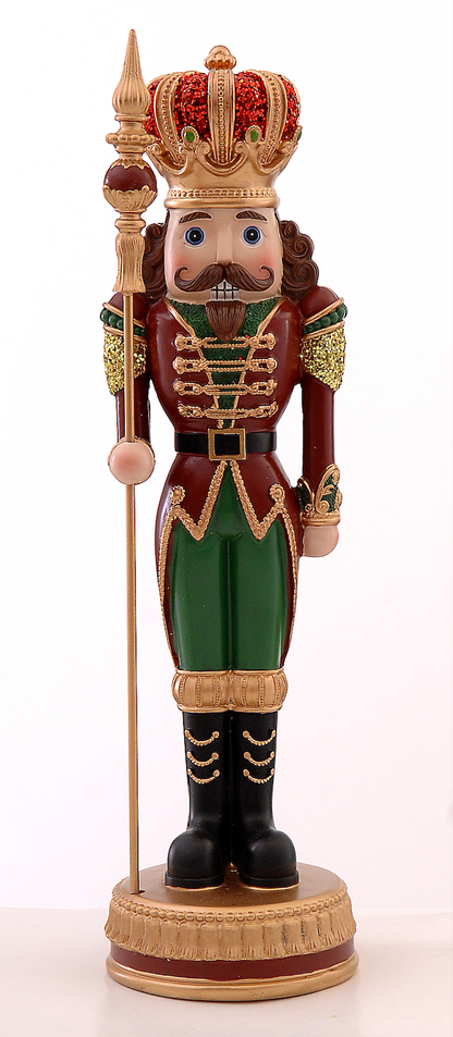 Nøtteknekkerfigur julepynt rød, gull og grønn med krone og spyd