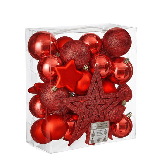 Sett med 40 deler juletrepynt rød - D: 8cm - 85% resirkulert - Juletrepynt.no