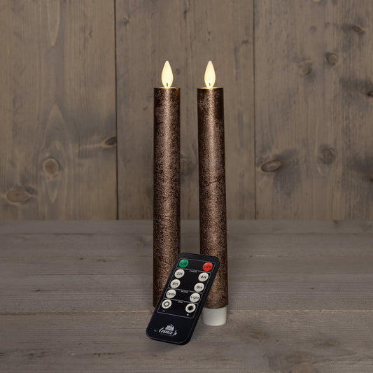 2 stk stearinlys rustikk bronse - LED flamme - fjernkontroll - Julelysbutikken.no