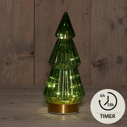 Glasslykt - Juletre med LED på batteri - grønn - 10x23,5cm