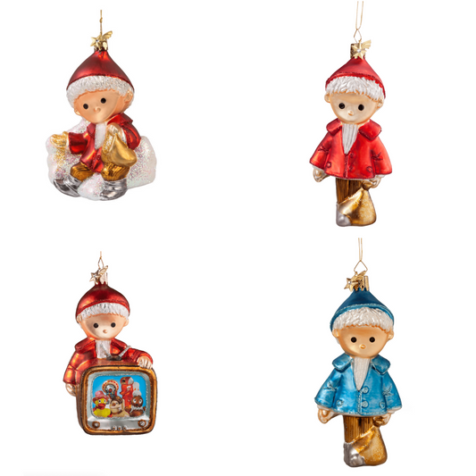 Sett med Jon Blund juletrepynt i glass