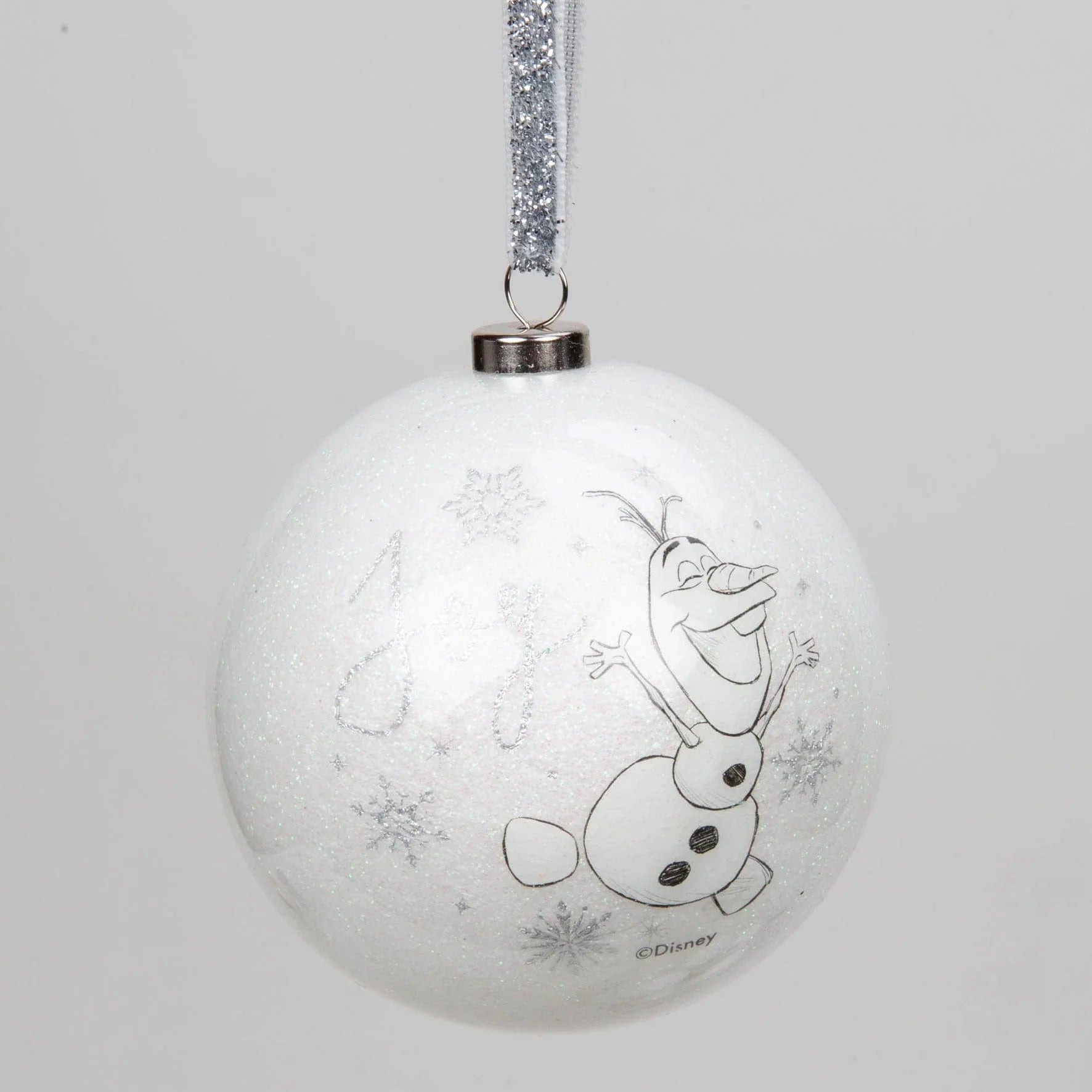 Disney julekule m/glitter, Sett med 2 stk Olaf (8cm ) (b-vare) - Juletrepynt.no