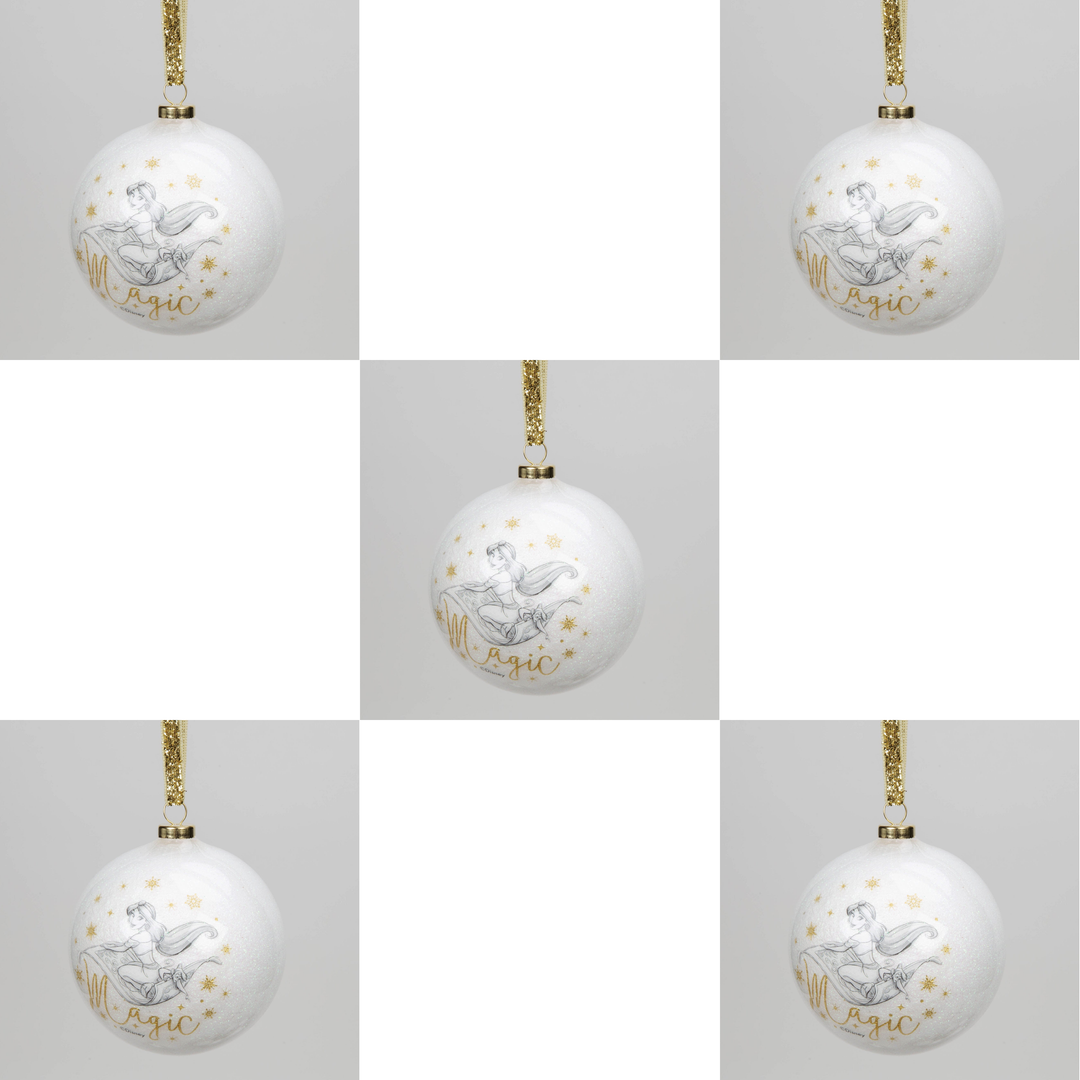 Disney julekule m/glitter, Sett med 5 stk Jasmin kuler (8cm ) (b-vare)