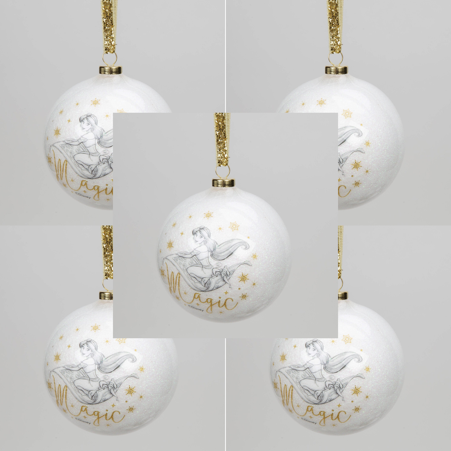 Disney julekule m/glitter, Sett med 5 stk Jasmin kuler (8cm ) (b-vare)