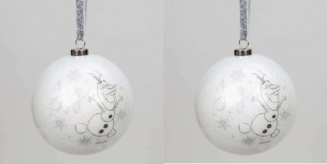 Disney julekule m/glitter, Sett med 2 stk Olaf (8cm ) (b-vare)
