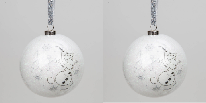 Disney julekule m/glitter, Sett med 2 stk Olaf (8cm ) (b-vare)